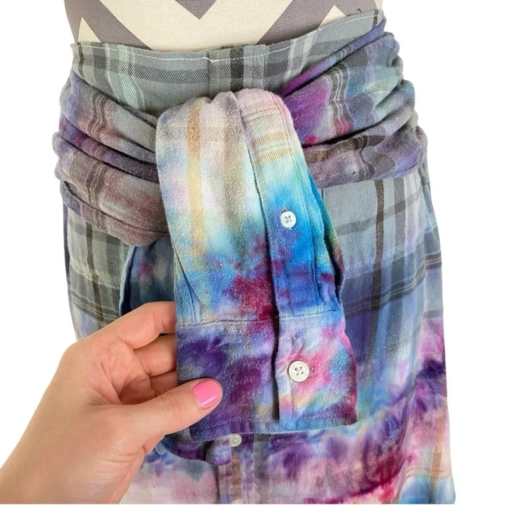 Handmade Shirt Skirt Womens XS - Small Tie Dye Flannel Plaid Tie Waist Skirt